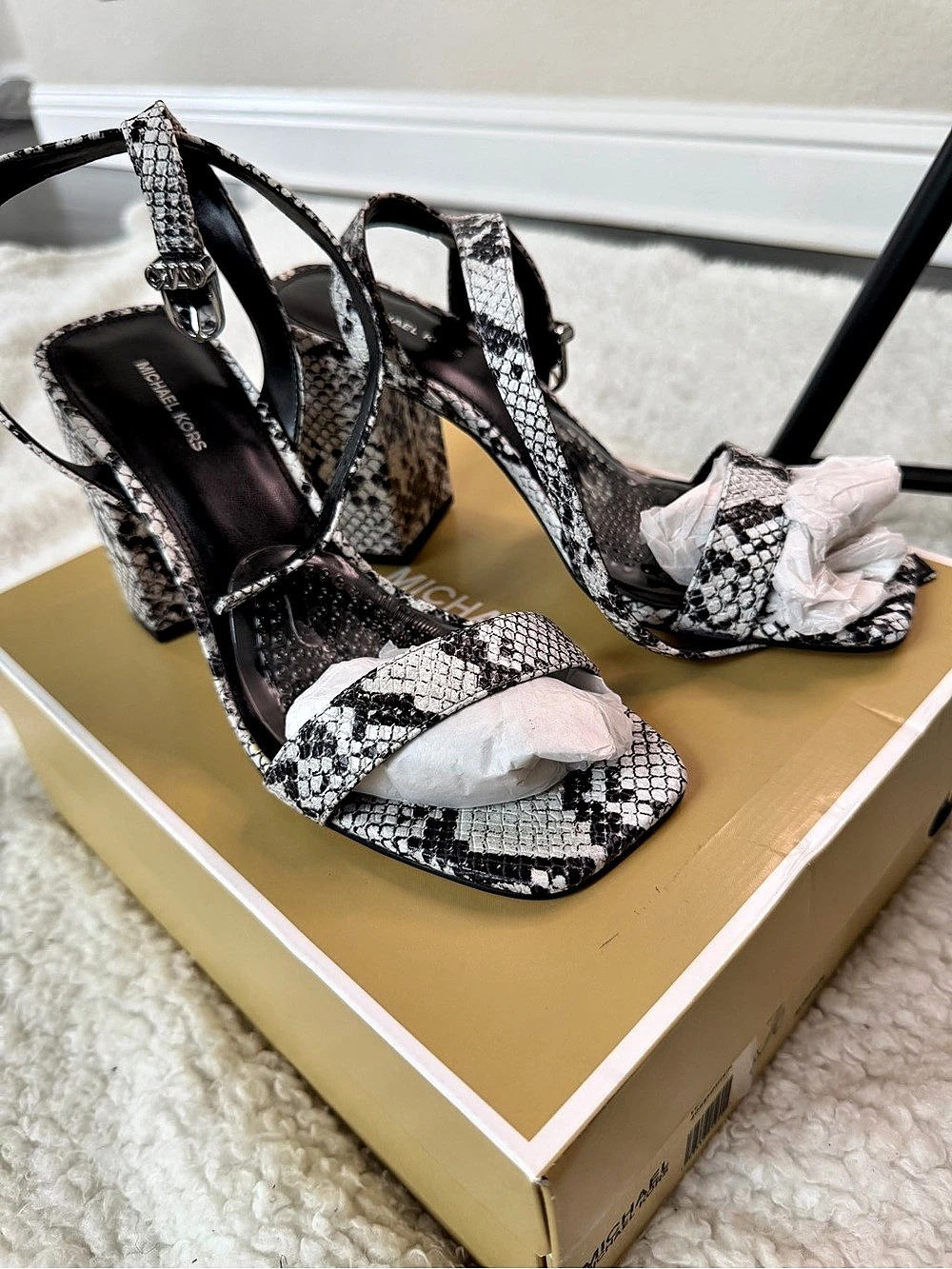 Michael Kors Merriam Block Heel Leather Sandals Black & White US 7.5 M